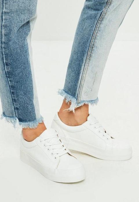 White Faux Leather Flatform Trainers, White