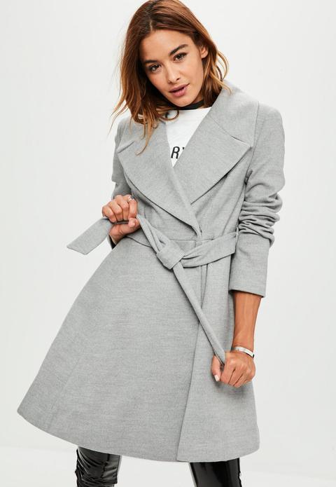 Grey Belted Short Wool Skater Coat, Grey