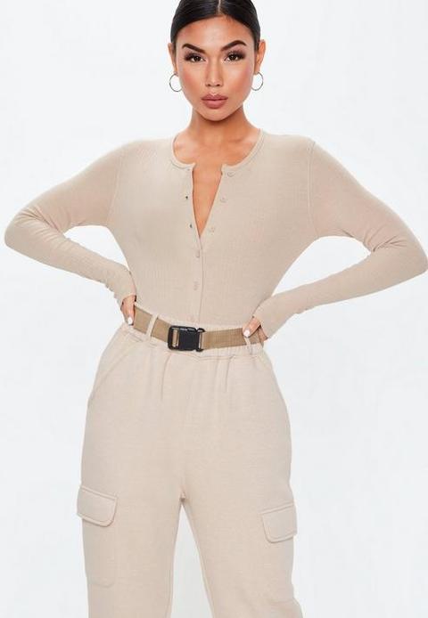 Tall Sand Ribbed Button Front Bodysuit, Nude