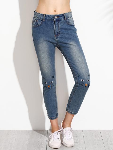 Jeans Ricamati Gatto Sbiancati Blu