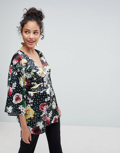 Asos - Top Avvolgente A Kimono Con Fiori Digitali - Multicolore