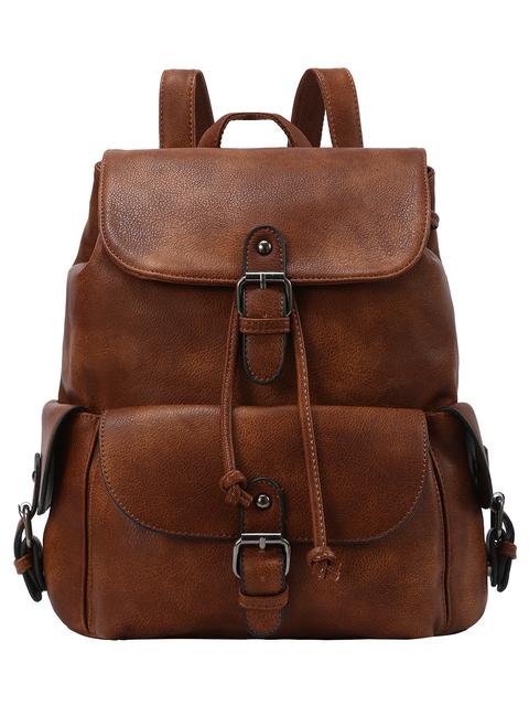 Buckled Flap Drawstring Backpack - Brown