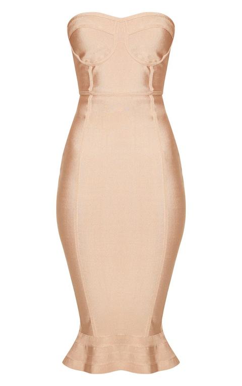 camel frill hem bandage midi dress