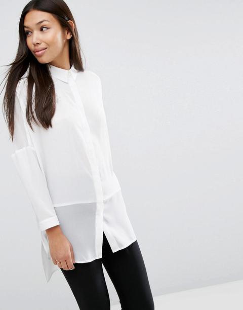 Asos Design Soft Long Sleeve Shirt In Sheer And Solid-white