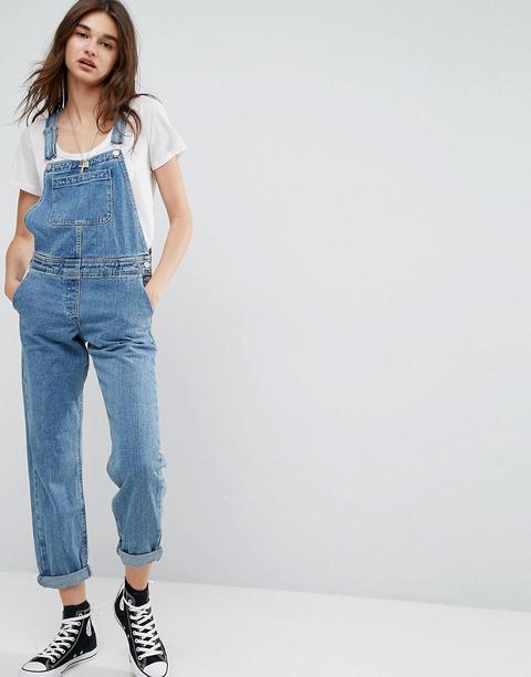 Asos Design - Salopette In Jeans Blu Medio Slavato - Blu