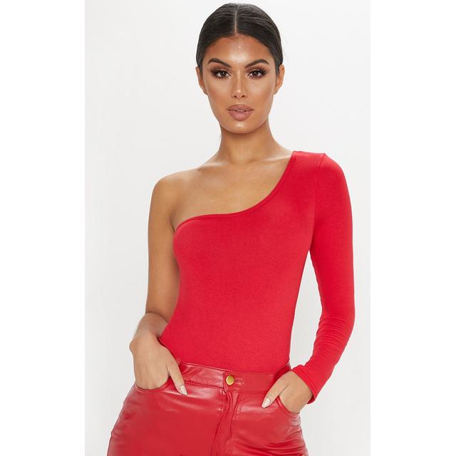 red one shoulder bodysuit