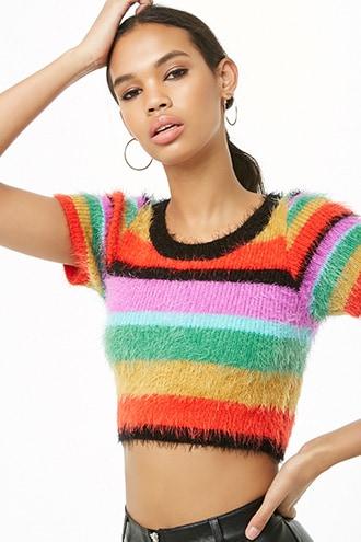 Forever 21 Fuzzy Knit Striped Crop Top , Red/green