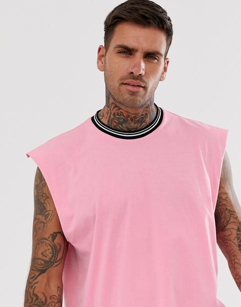 Asos Design - T-shirt Oversize Sans Manches Avec Liseré Contrastant - Rose