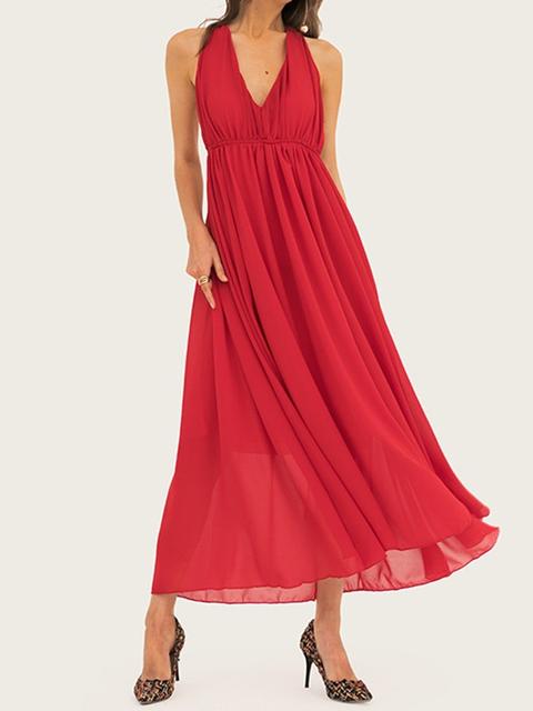 Maxi Dress Scollo A V A Pieghe Con Scollo A V E Scollo A V A Pieghe Rosso