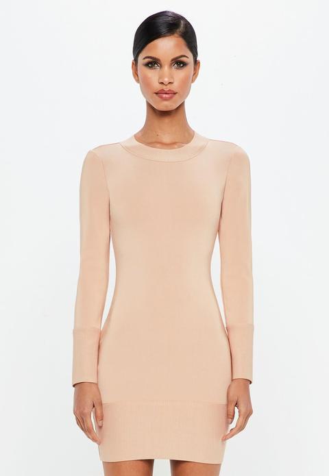 Nude Deep Cuff Bandage Mini Dress, Peach