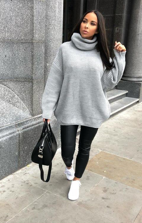 Grey Knitted Oversized Polo Neck Jumper - Polly