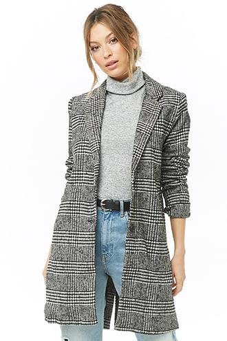 Forever 21 Tweed Glen Plaid Coat Black/white