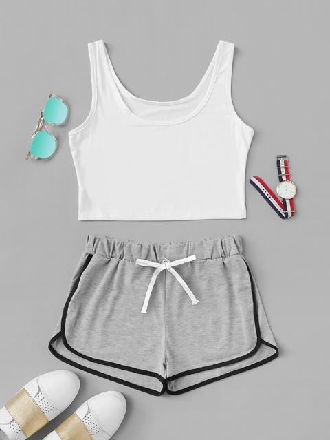 Scoop Neck Top With Drawstring Shorts