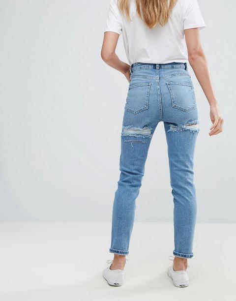 Asos - Farleigh - Mom Jeans Slim A Vita Alta Lavaggio Prince Con Strappi Sui Glutei - Blu