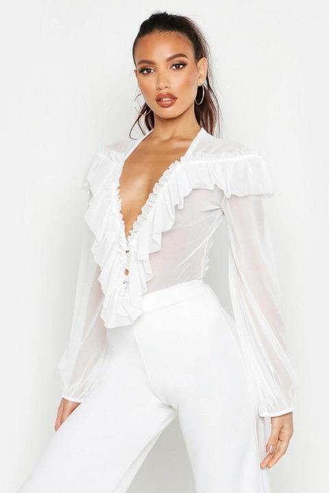 Womens Mesh Ruffle Detail Bodysuit - White - 14, White