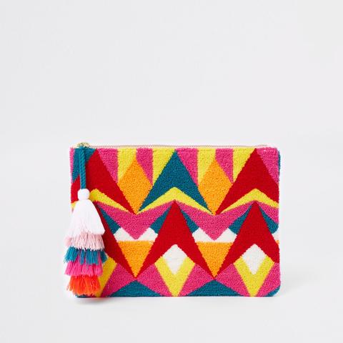 Pink Multicolour Geo Tassel Pouch Clutch Bag