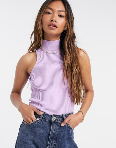 Top De Punto De Canalé En Morado Con Cuello Alto Y Abertura De River Island-violeta