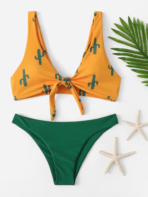 Bikini De Frente Con Estampado De Cactus Al Azar