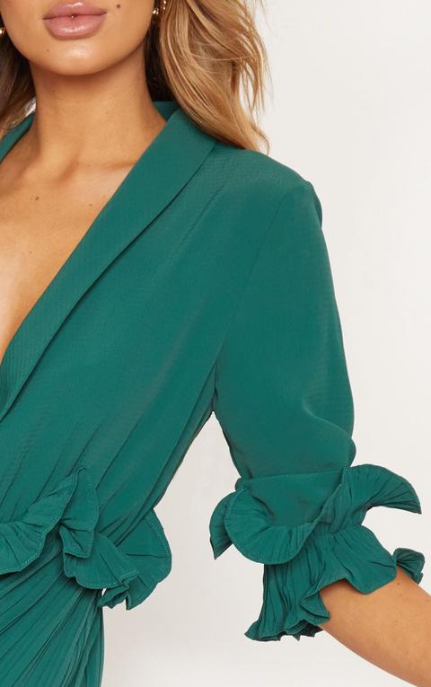 emerald green frill detail pleated midi dress