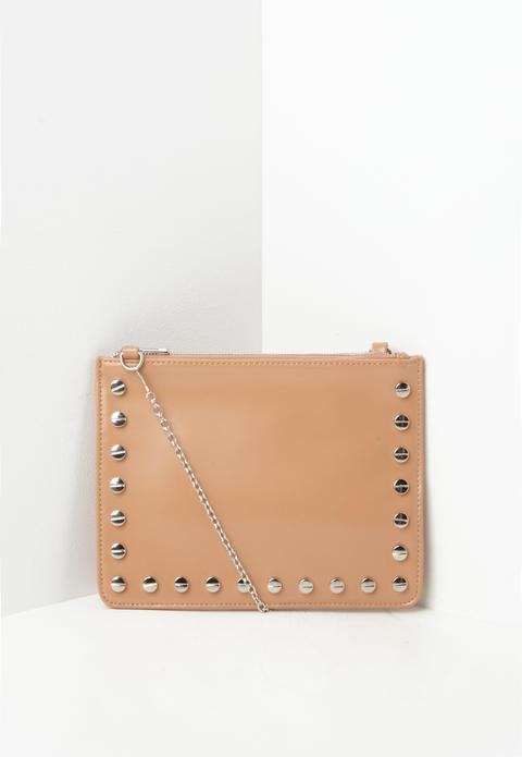 Nude Stud Detail Zip Top Clutch Bag