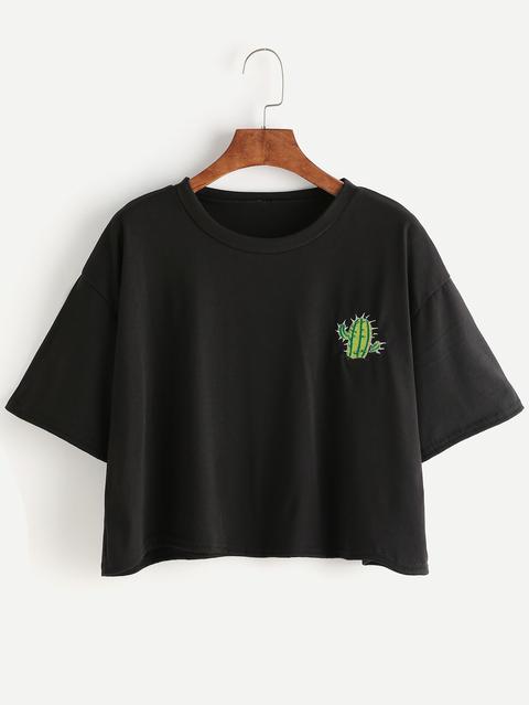Camiseta Corta Con Bordado De Cactus De Hombro Caído - Negro