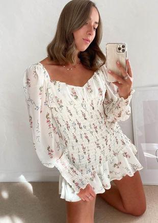 Floral Print Shirred Mini Dress White