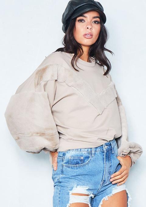 Samantha Beige Oversized Faux Fur Sleeve Jumper