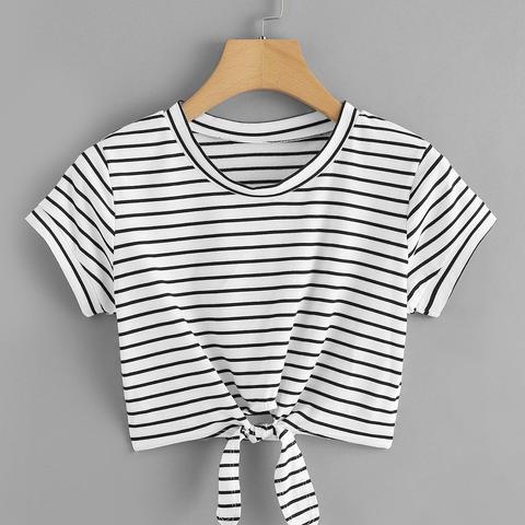 T-shirt Crop Con Nodo Davanti E Righe