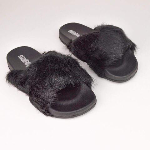 Edie - Fur Crisscross Sliders In Black