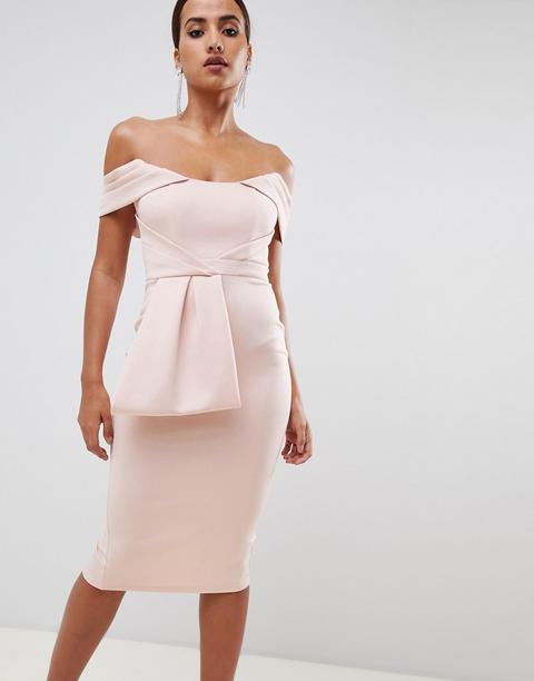 Vestido Midi Ajustado Con Escote Bardot Y Sobrefalda De Asos Design-rosa