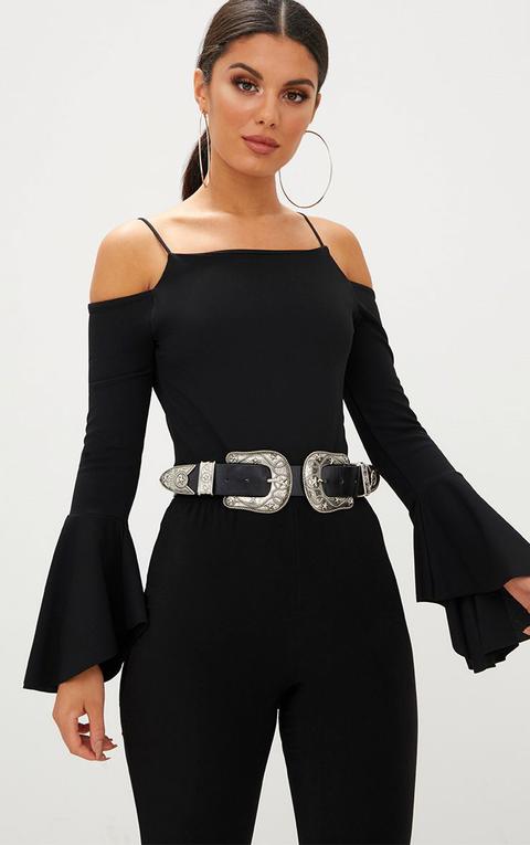 Black Flute Sleeve Cold Shoulder Thong Bodysuit