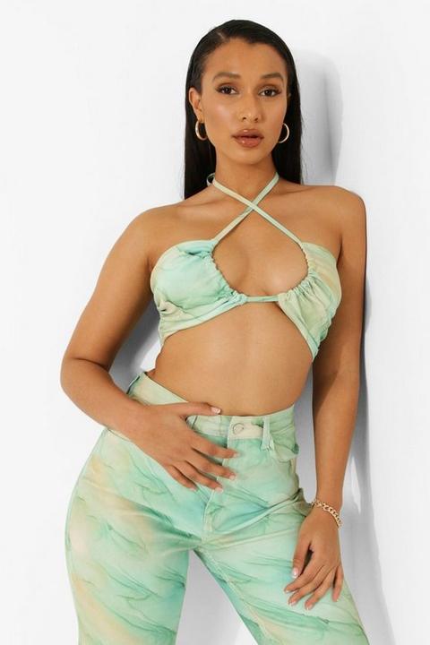 Womens Marble Print Halterneck Cut Out Denim Bralet - Green - 10, Green