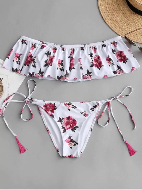 Conjunto De Bikini Con Volantes Florales En El Hombro