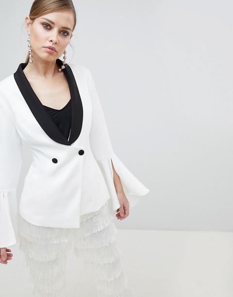 Lavish Alice - Blazer Aderente Con Maniche A Volant Bianco E Nero - Bianco