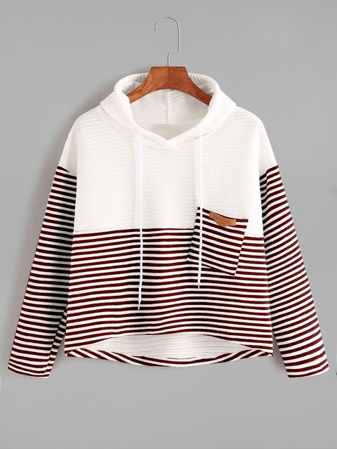 Contrast Striped High Low Drawstring Hooded Pocket Sweatshirt