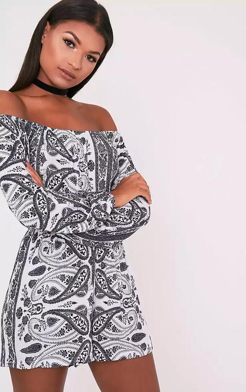 Kennie White Printed Bardot Playsuit, Black