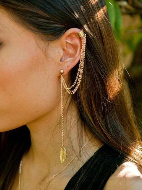 Pendientes Con Cadena A Capas Con Diseño De Hoja Con Cuff De Oreja 1 Pieza