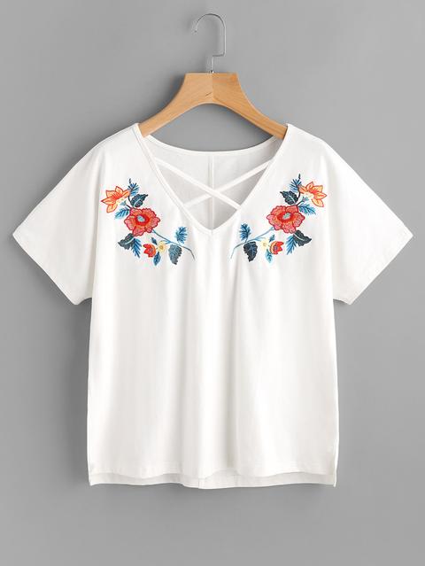 Crisscross Neck Symmetric Embroidery Stepped Hem Tee