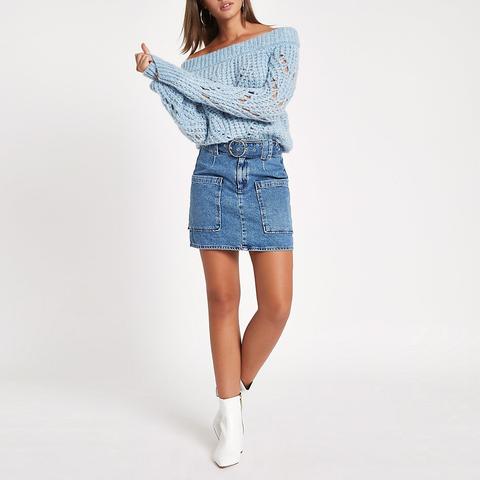 Mid Blue Belted Denim Mini Skirt