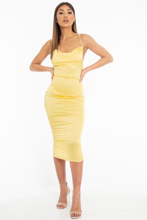 yellow satin cowl neck dress