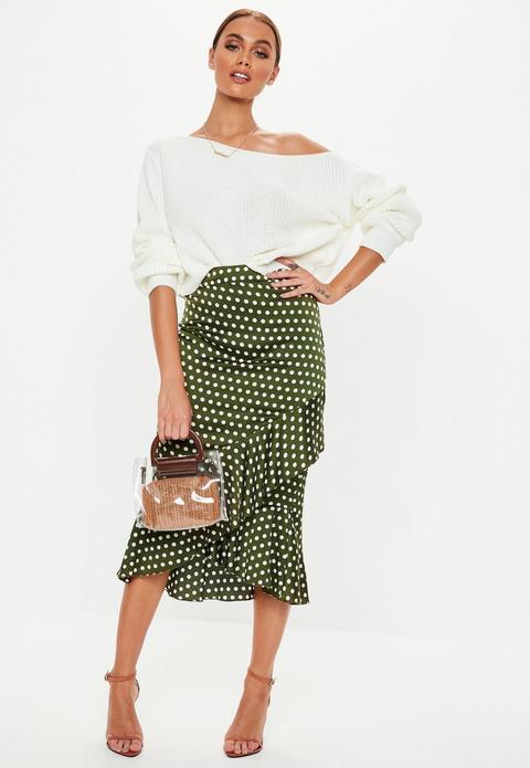 Olive Green Satin Polka Dot Frill Midi Skirt