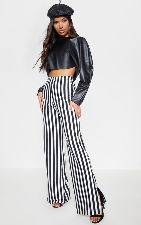 Black Rib Stripe Split Hem Wide Leg Trouser