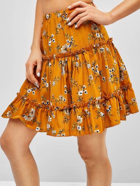 Ruffles Floral A Line Skirt Caramel