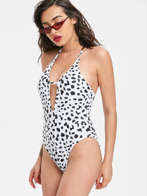 Costume Da Bagno Stampa Leopardo A Taglio Alto Con Halter White