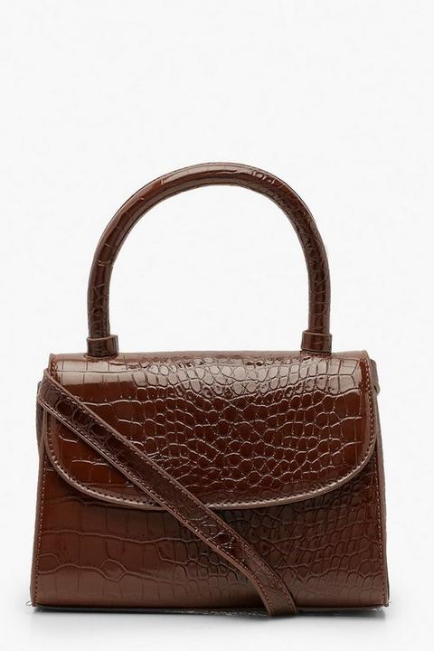 Womens Patent Croc Structured Cross Body Bag - Brown - One Size, Brown