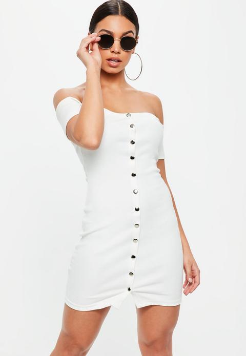 Cream Stud Popper Detail Bardot Bodycon Dress, Cream