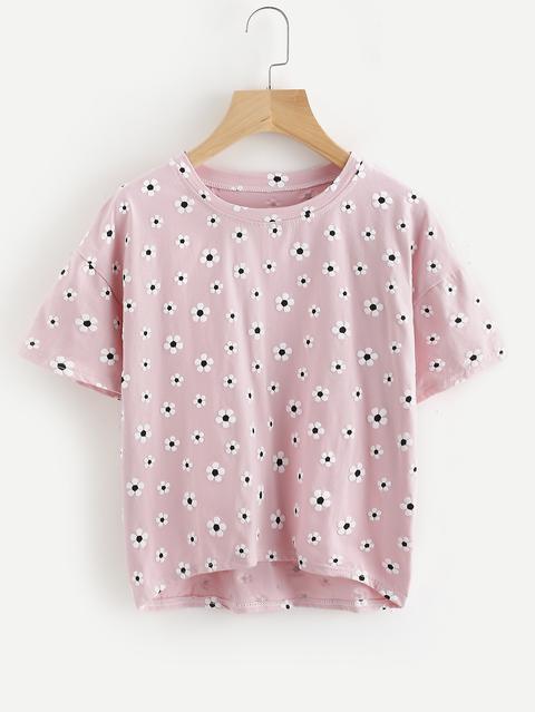 Daisy Print Dip Hem Tee