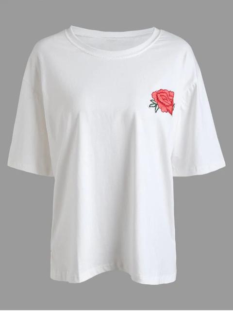 Camiseta Con Estampado De Flores Bordadas