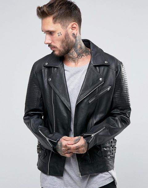 Chaqueta Biker De Cuero Con Detalle De Cuero En Negro De Asos