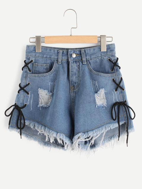 Eyelet Lace Up Side Fray Hem Denim Shorts